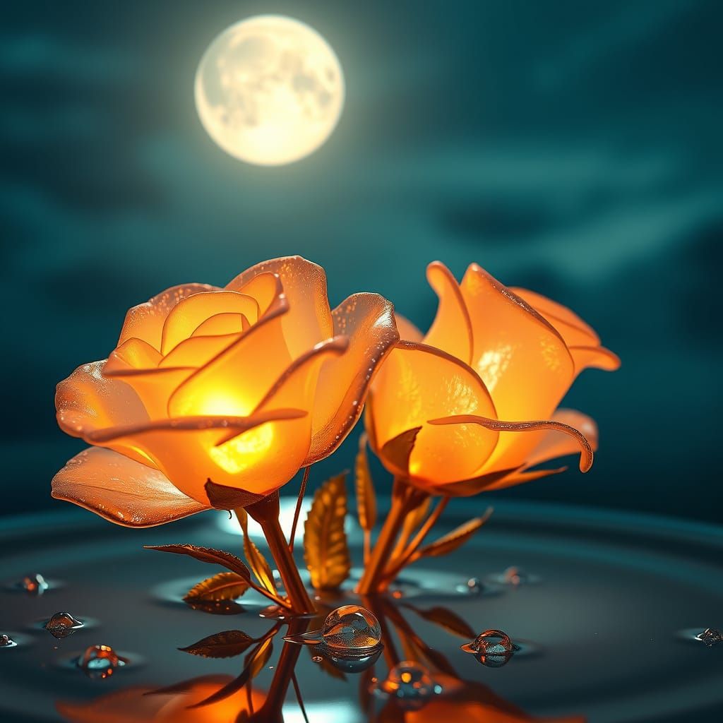 Glowing Glass Roses Under Moonlight: Hyperrealistic Image