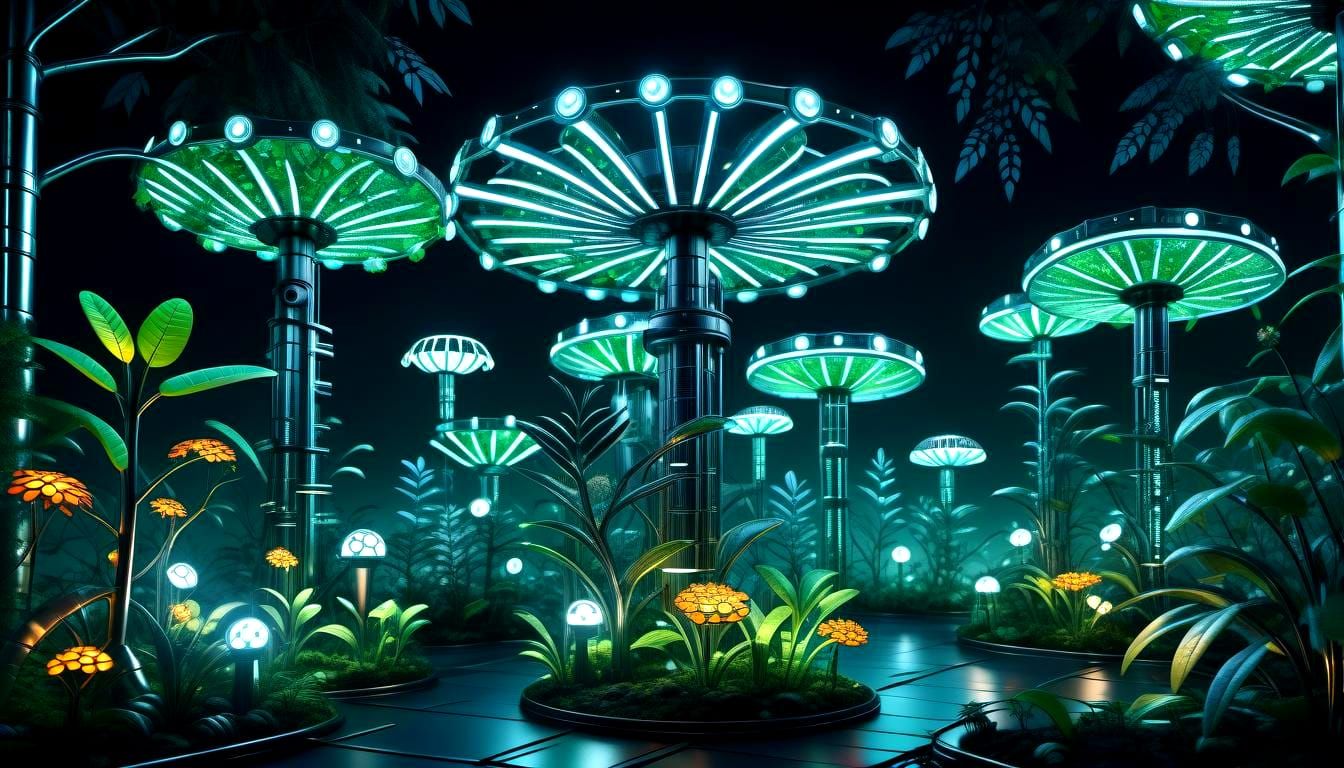 Nighttime Mechanical Jungle with Metallic Blooms