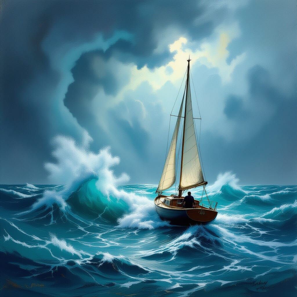 Sailboat Escapes Hurricane in Dramatic Painterly Style