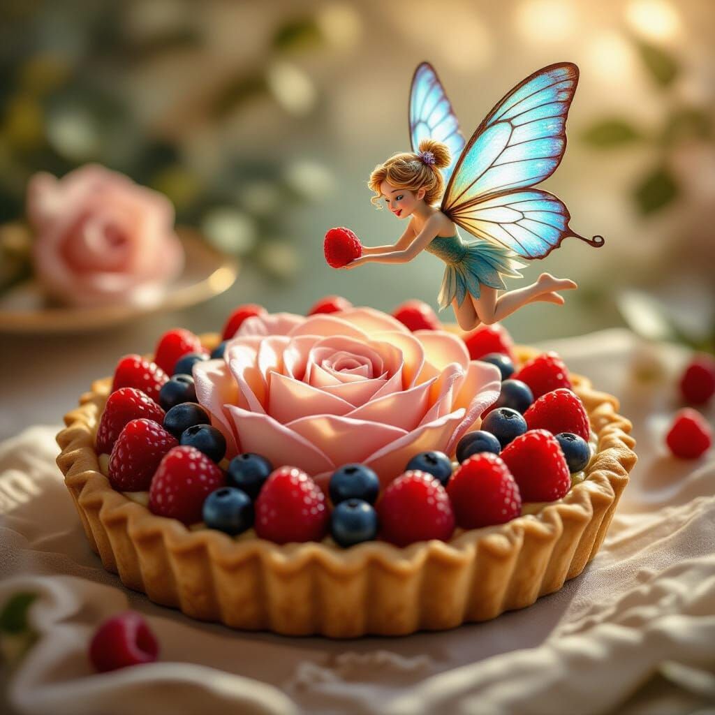 Photorealistic Fruit Tart with Fairy and Rose Design