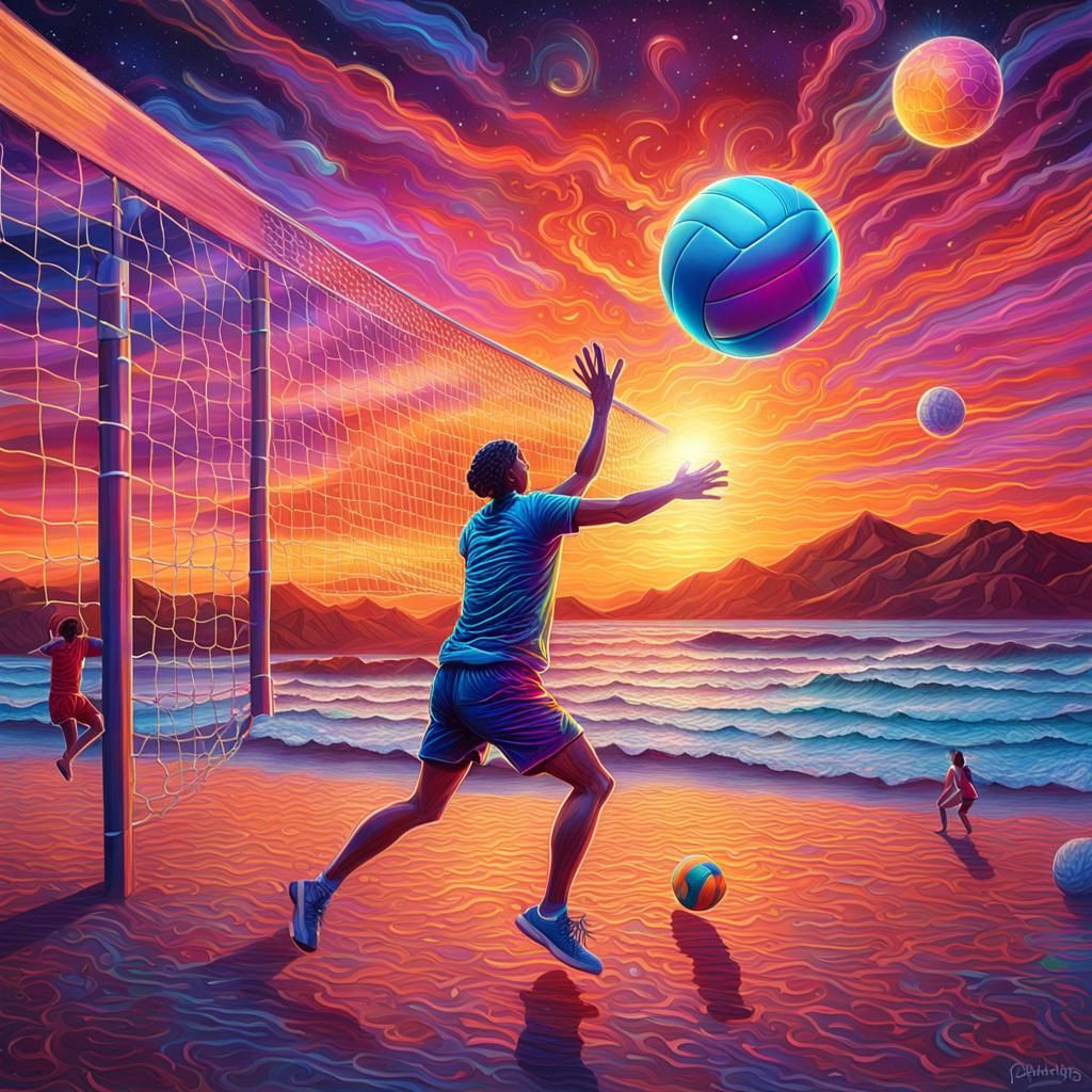 Volleyball Sunset: Holographic Cosmic Mixed Media Illustrati...