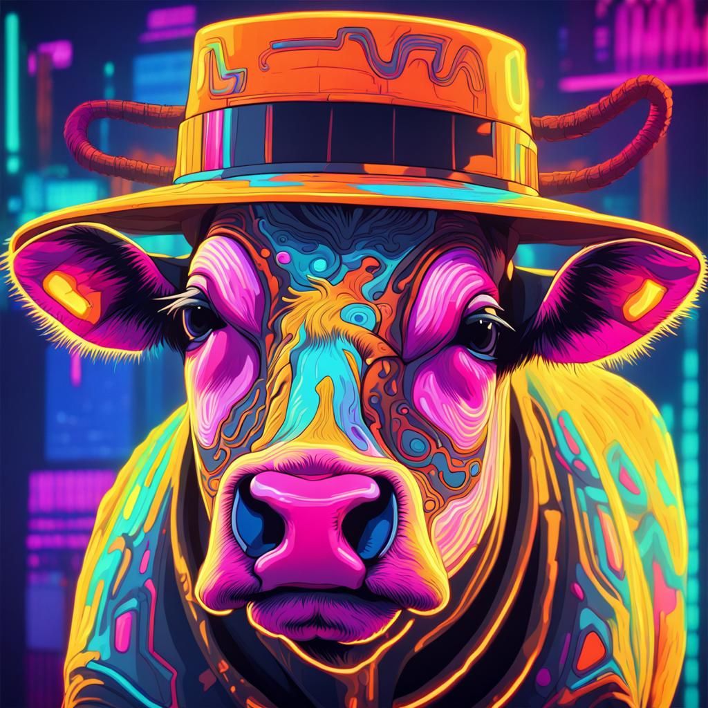 Psychedelic Cow in Cyberpunk Neon Art