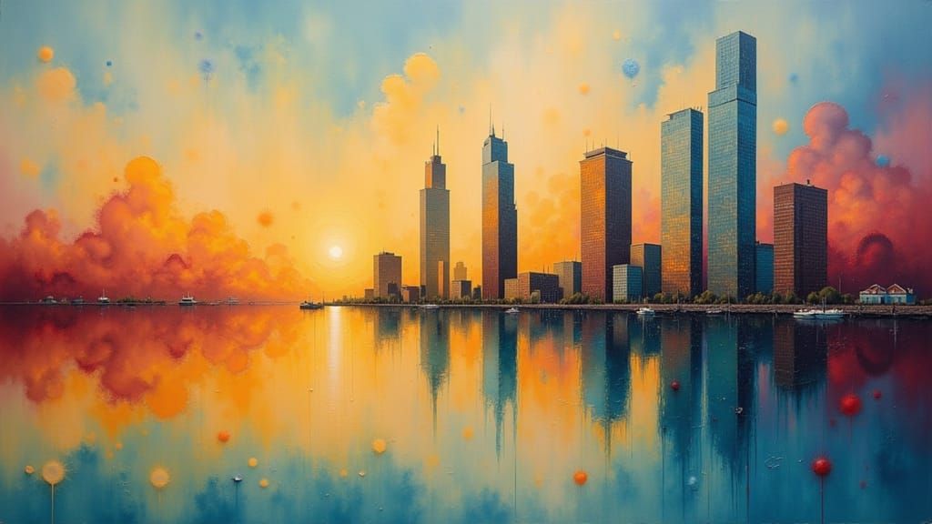 Skyscraper Sunset Reflection in Folk Art Style