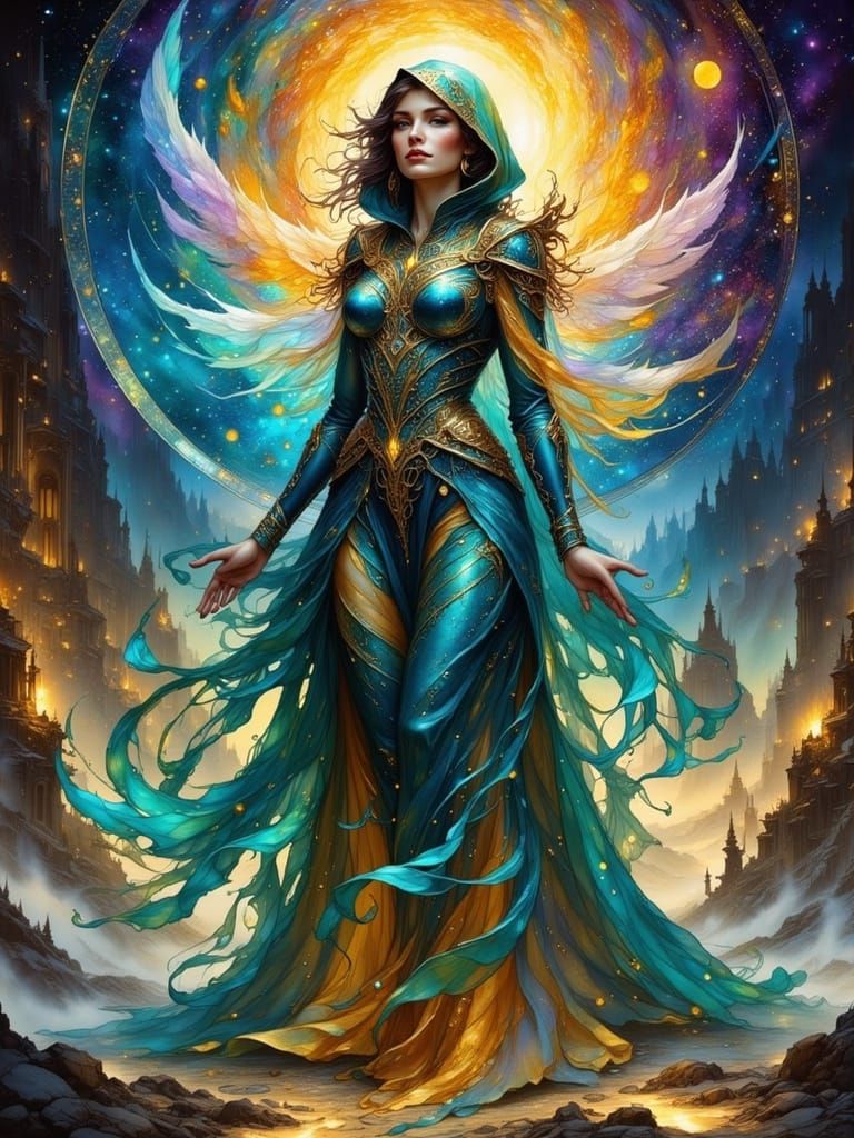 Androgynous Wizard in Harmony with Swirling Energies
