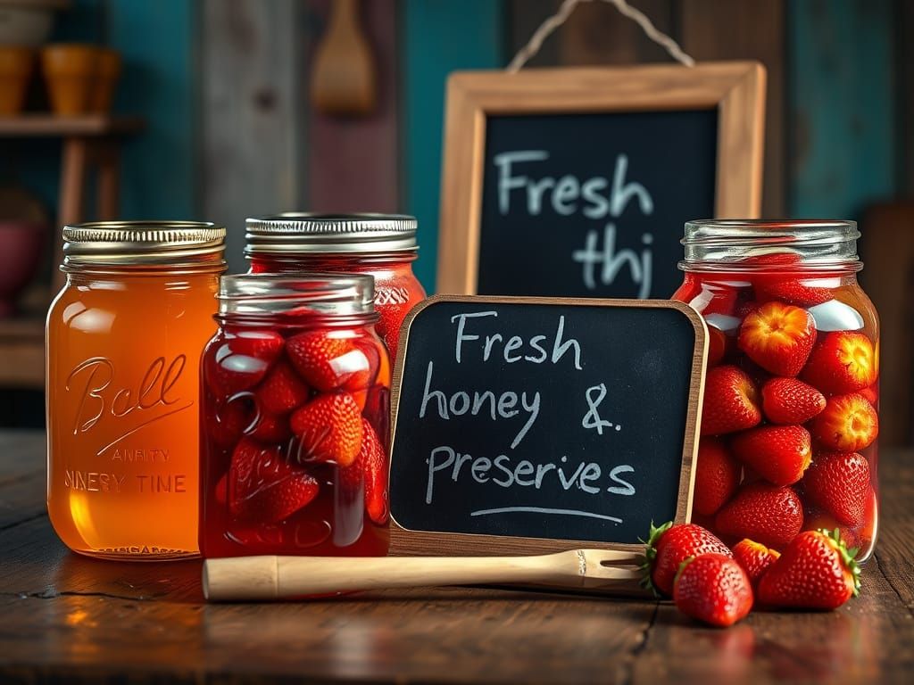 Farmstand Display of Honey and Preserves