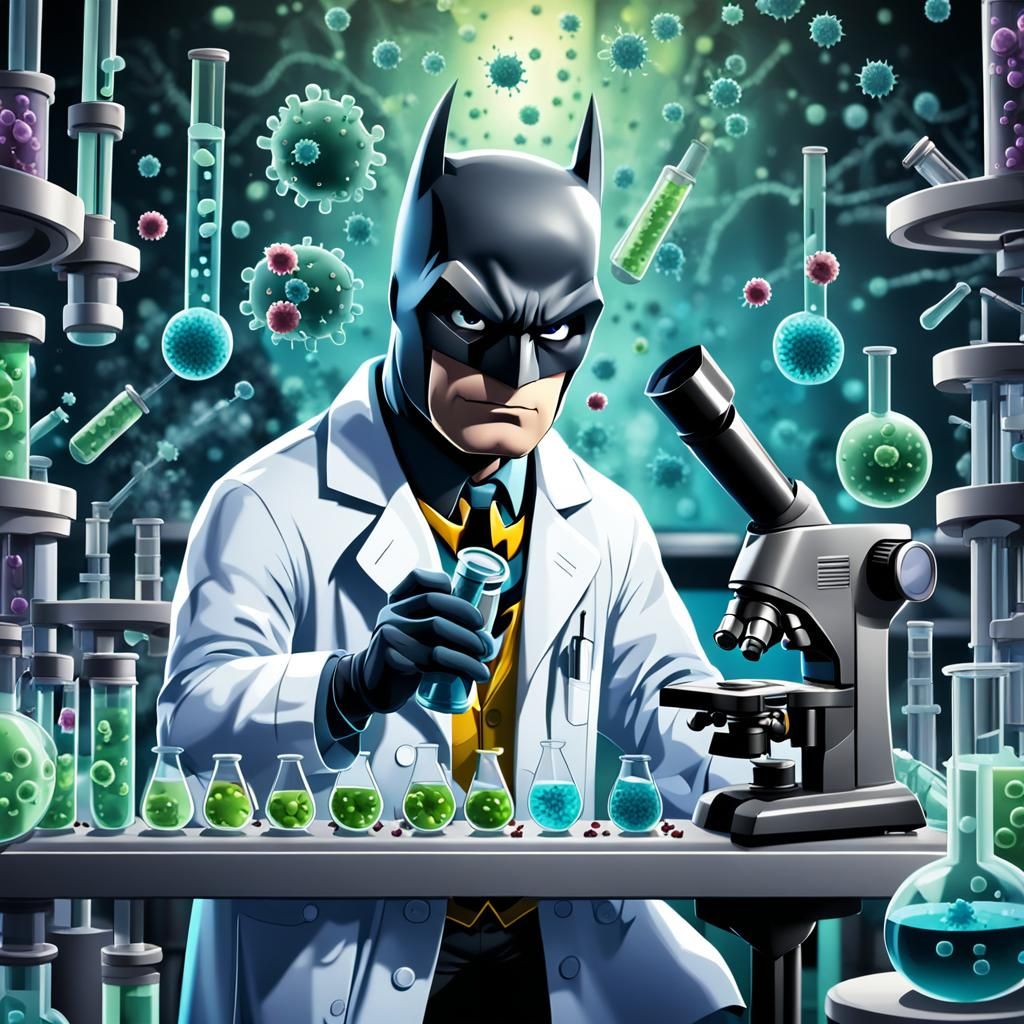 Cartoon Batman as Scientist Examining Bacteria