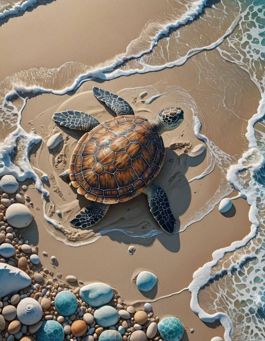 Giant Sea Turtle on Shoreline in Hyperdetail