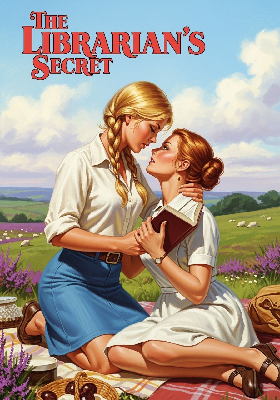 1970s Romance Illustration: Passionate Librarians Embrace on...