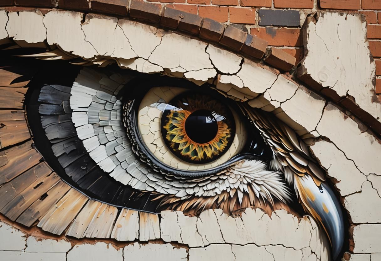Surreal Owl Eye Mural on Brick Wall