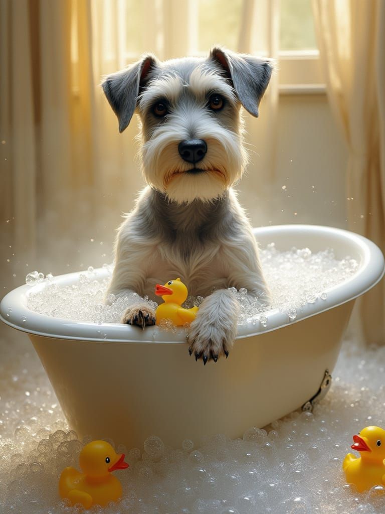 Schnauzer Terrier in a Whimsical Bath Scene, in Impressionis...