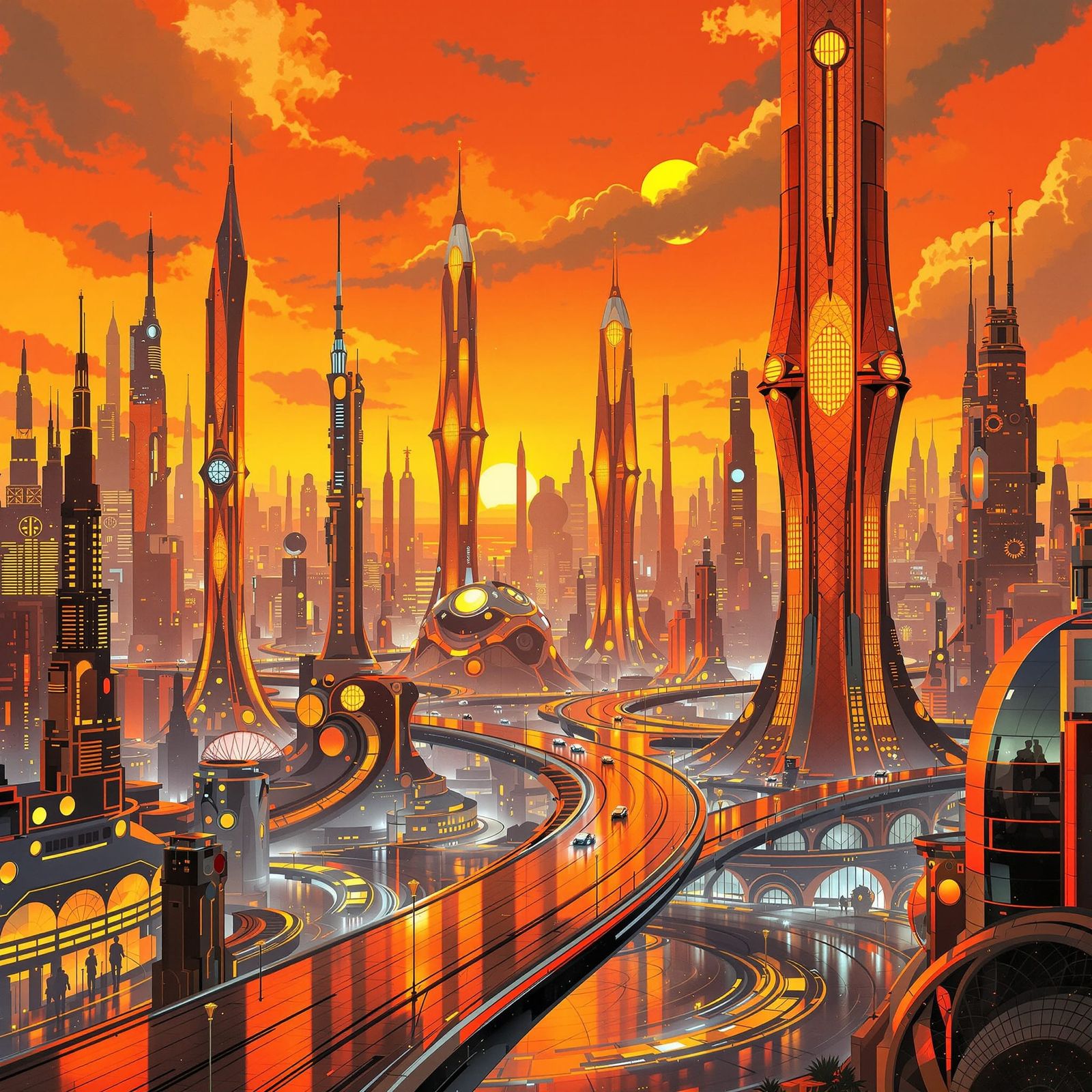 Retro-Futuristic Orange Cityscape in Klimt Style