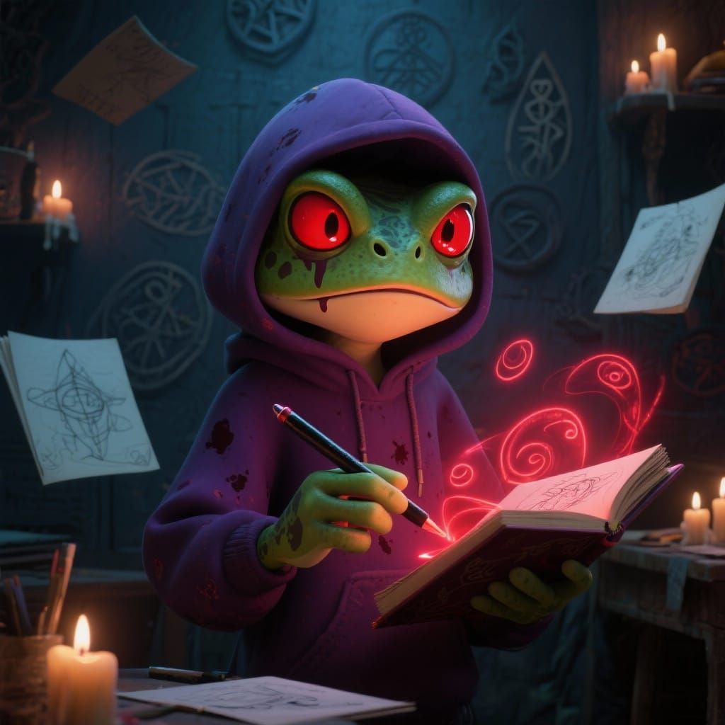 Mystical Frog Character with Glowing Eyes in Dark Fantasy St...