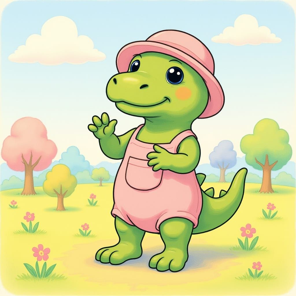 Tyrannosaurus Rex in Whimsical Pastel Landscape