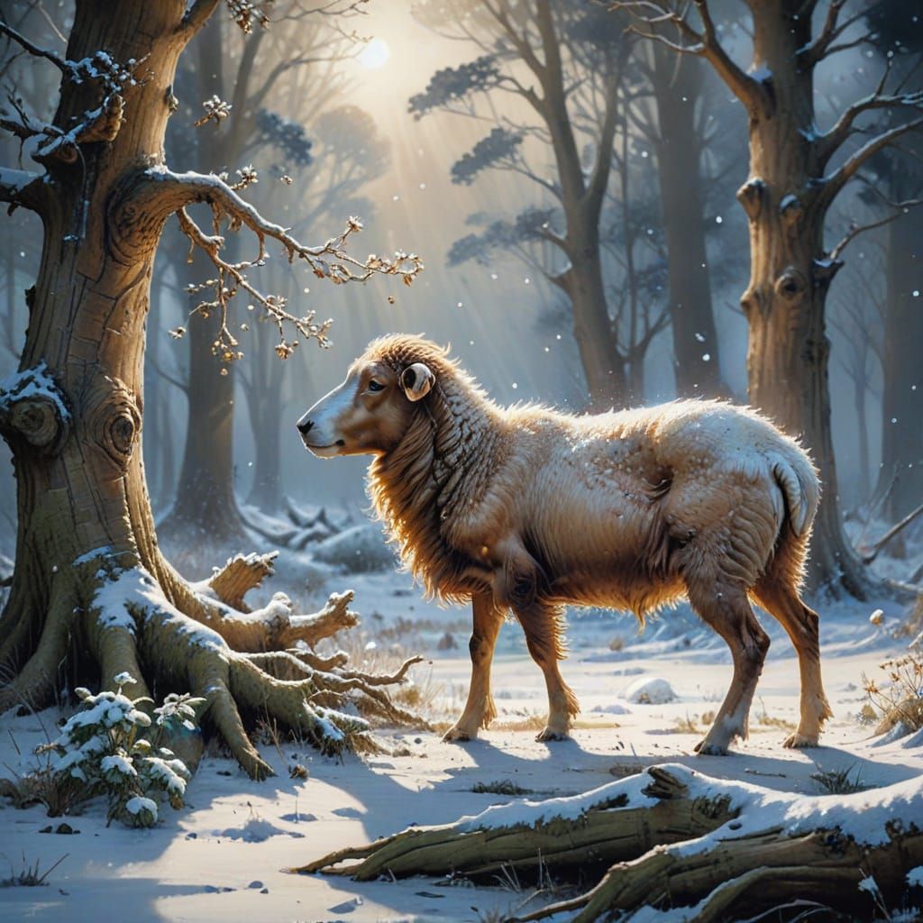 Majestic Dog Protects Sheep in Enchanted Snowy Forest