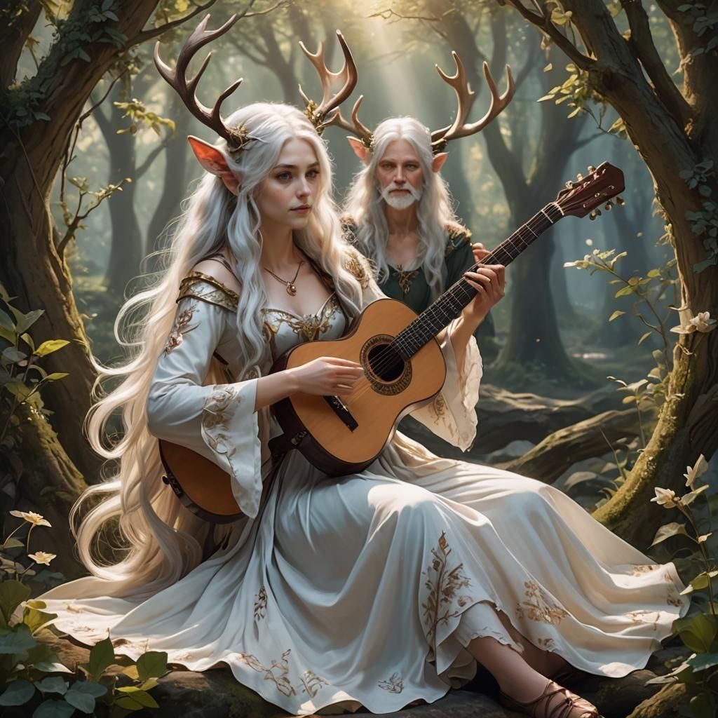 Elven Bard with Deer Antlers in Faerie Glen