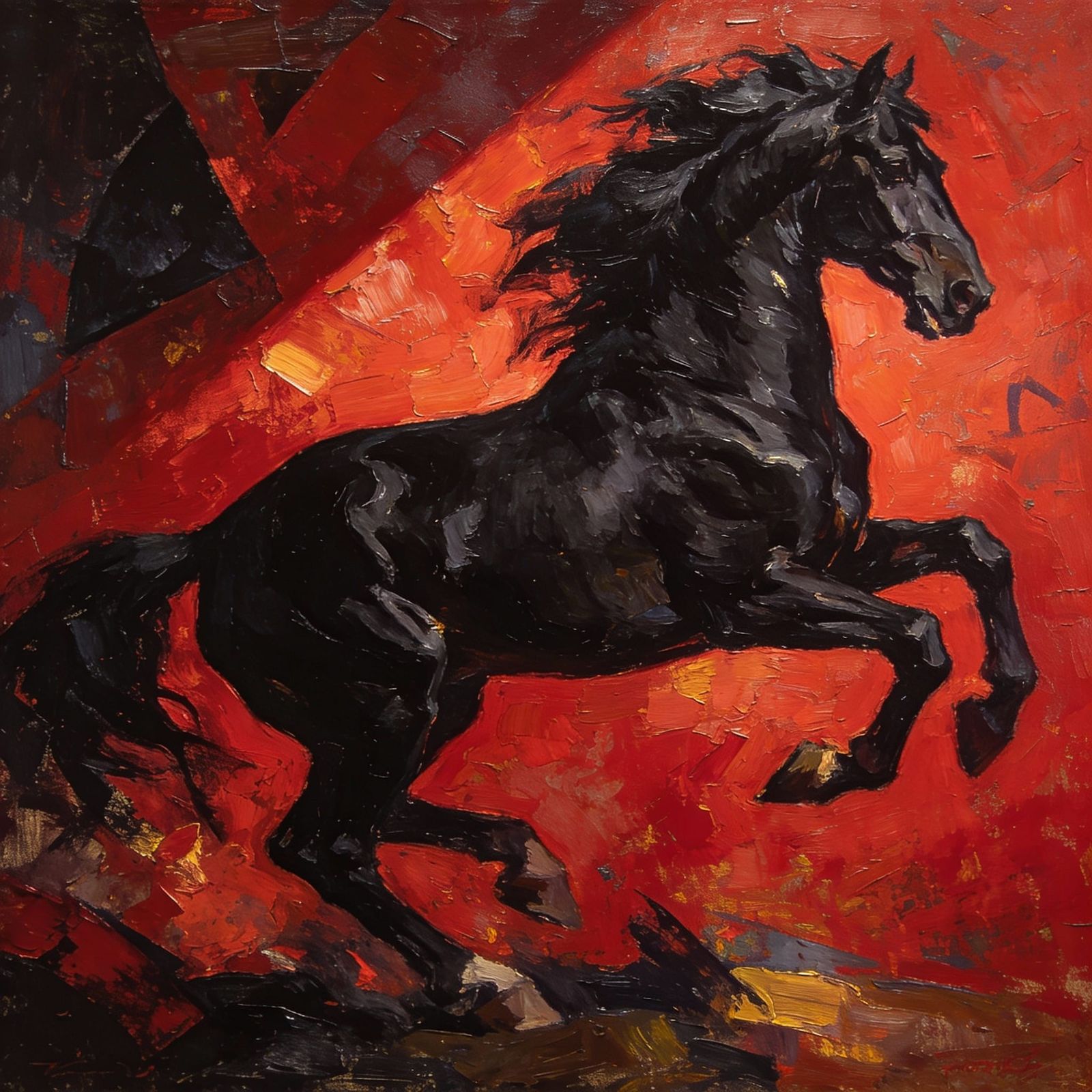 Black Horse Galloping in Red Field, Expressionistic Oil Pain...