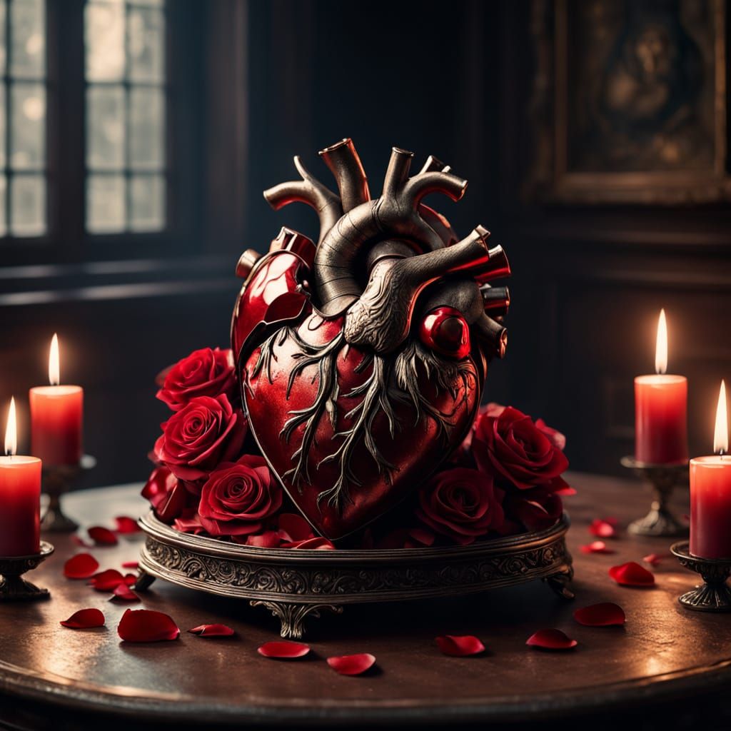Surreal Human Heart in Velvet Box with Candles