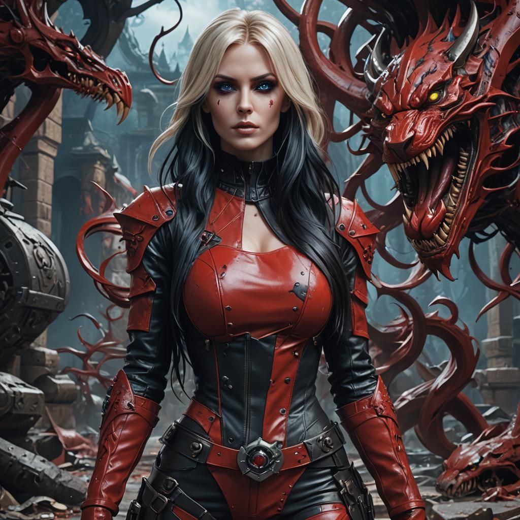 Girl in Red Leather Outfit with Sharp Canines