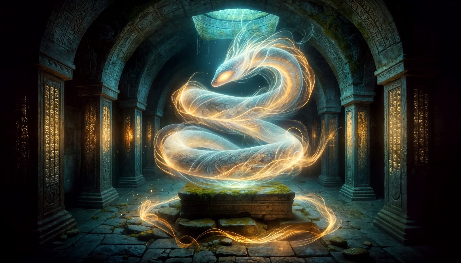 Ethereal Serpent Coils Around Ancient Altar