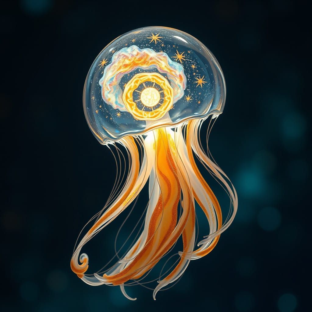 Glass Jellyfish with Swirling Galaxy and Iridescent Tentacle...