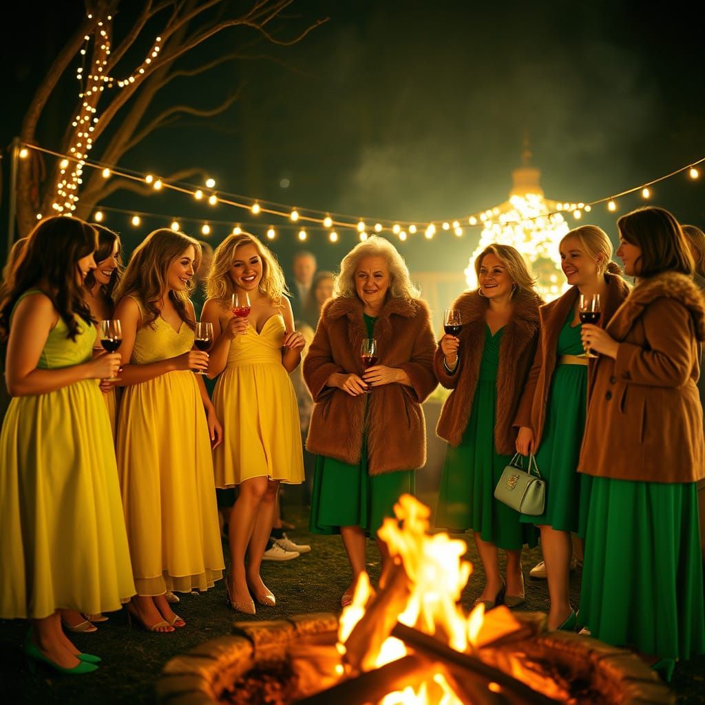 Emerald and Yellow Dresses at Bonfire Party