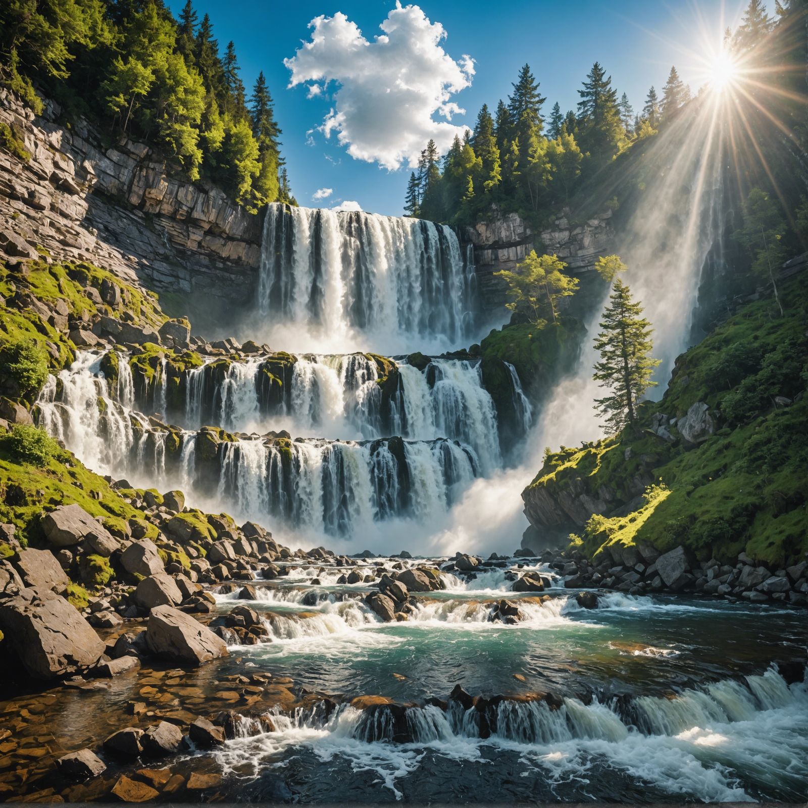 Grand Waterfall Cascading Down Rocky Cliff