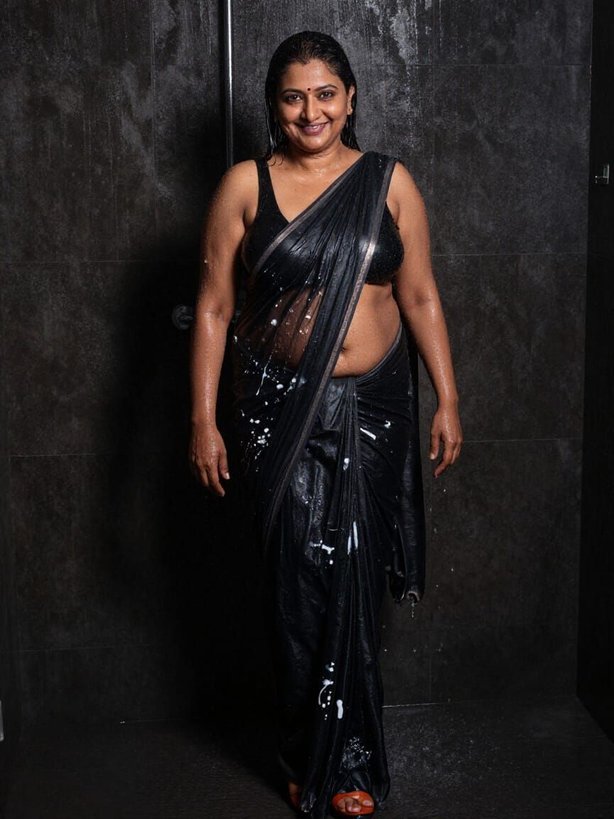 Charming Indian Woman in Wet Sari Under Shower
