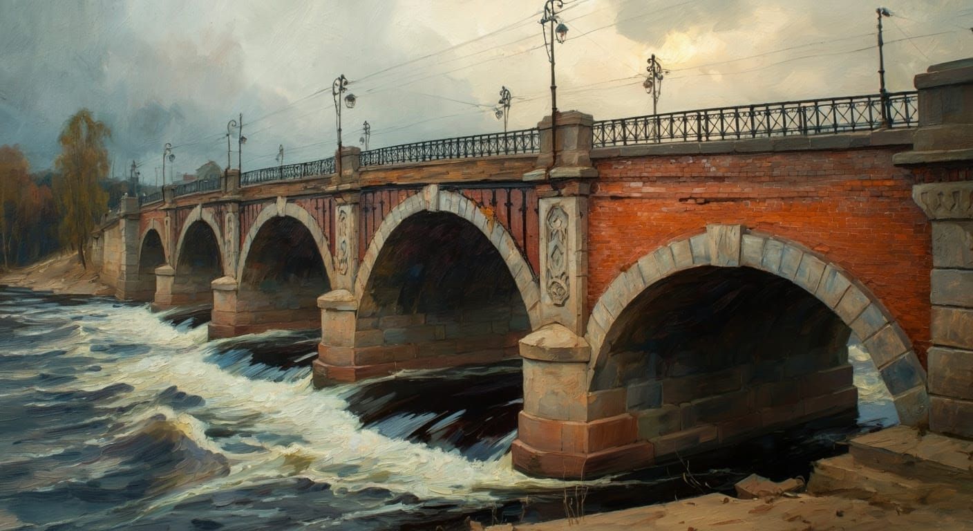 Worn Brick Bridge Over Turbulent River in Golden Light