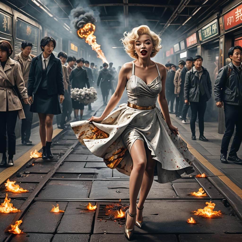 A beautiful Japanese women recreating the iconic photograph of Marilyn Monroe standing on a subway grate with her skirt ...