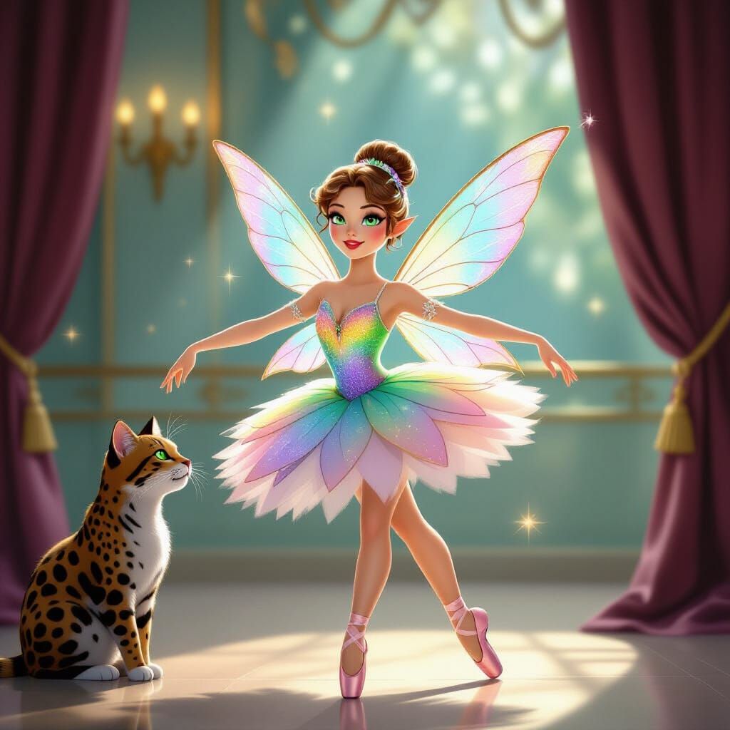 Cat Fairy Ballet Dancer in Rainbow Dress, Art Deco Style