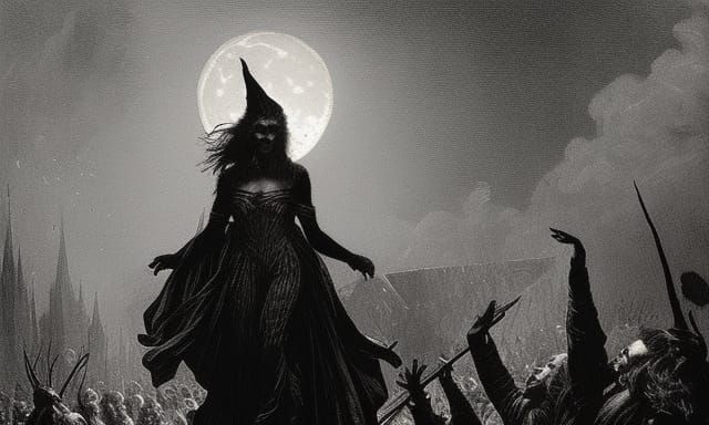 Witch Dancing by Bonfire in Gothic Horror Style