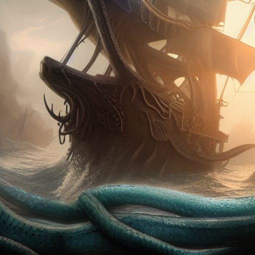 Kraken Attacks Pirate Ship: Detailed Matte Painting