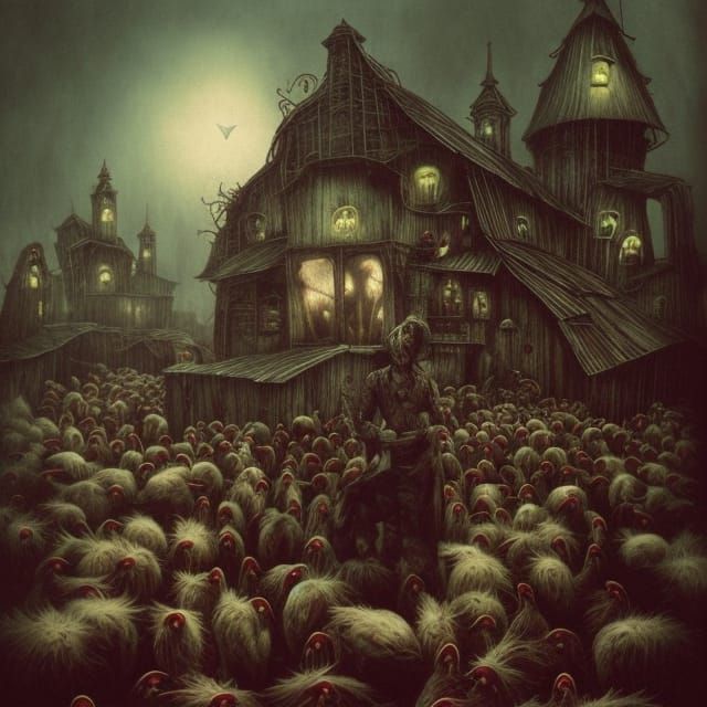 Gothic Nightmare Farm with Chickens in Surreal Style