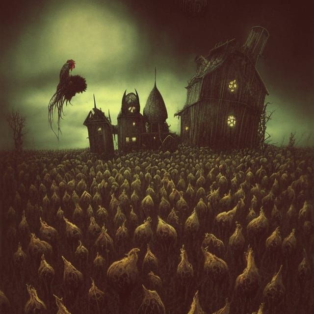 Gothic Steampunk Farm with Chickens in Dreamcore Style
