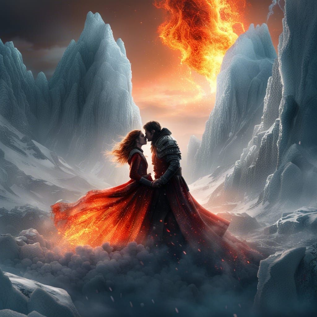 Fiery Woman and Ice Man's Kiss: Digital Painting