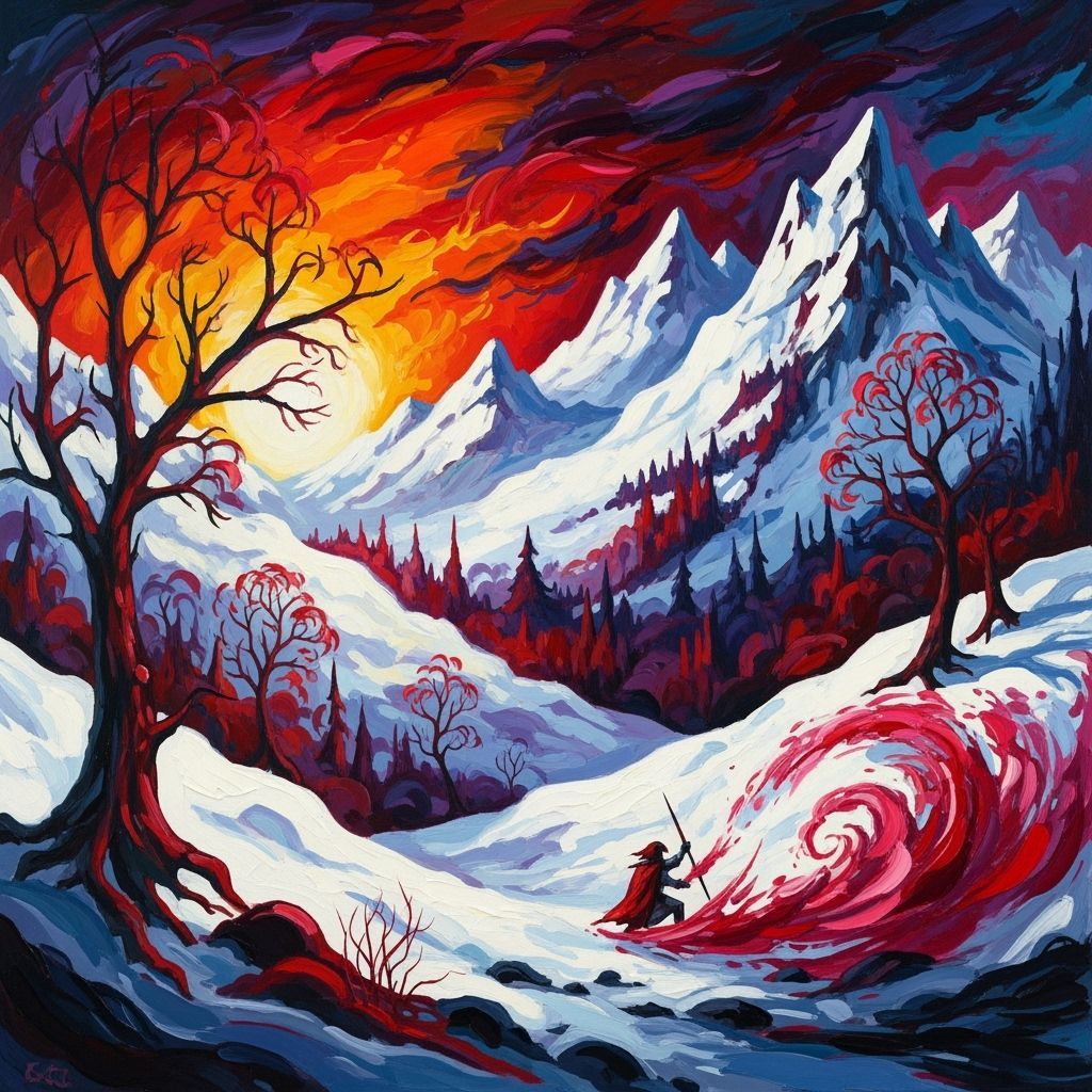 Crimson Tempest: Snow-Laden Peaks in Expressionist Style