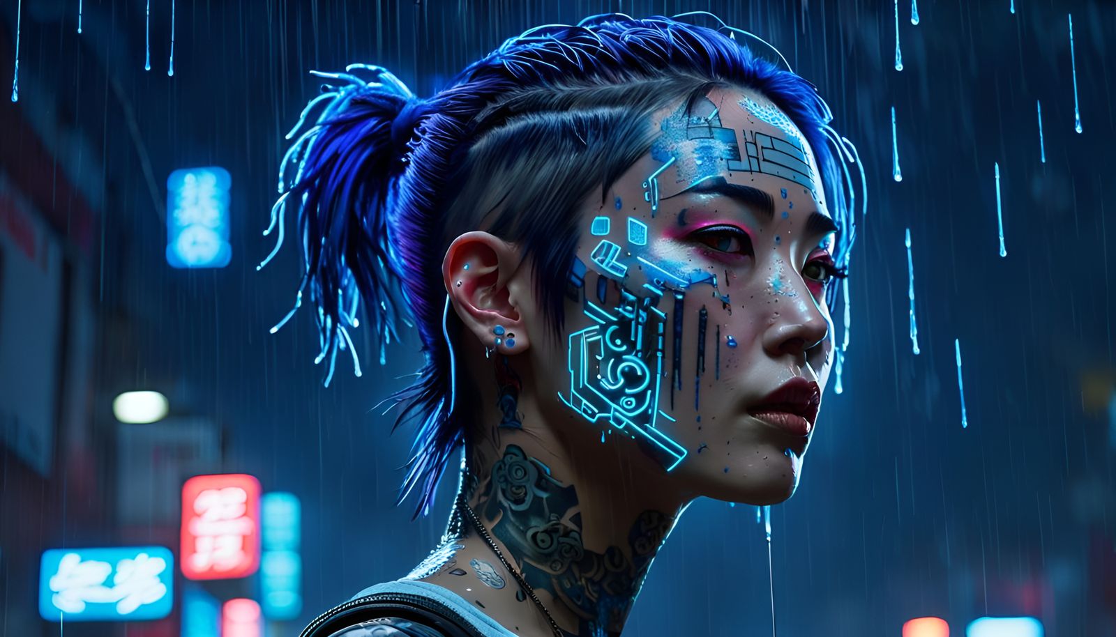 Cyberpunk Cyborg in Electric Neon Rain