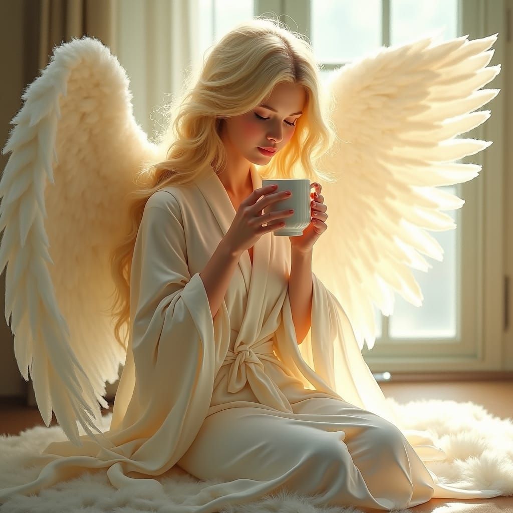 Angel Enjoying Coffee in Atmospheric Realism Style