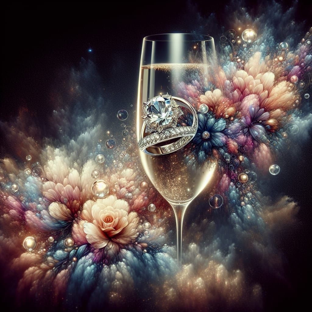 Sparkling Diamond Ring and Champagne in Watercolor Art
