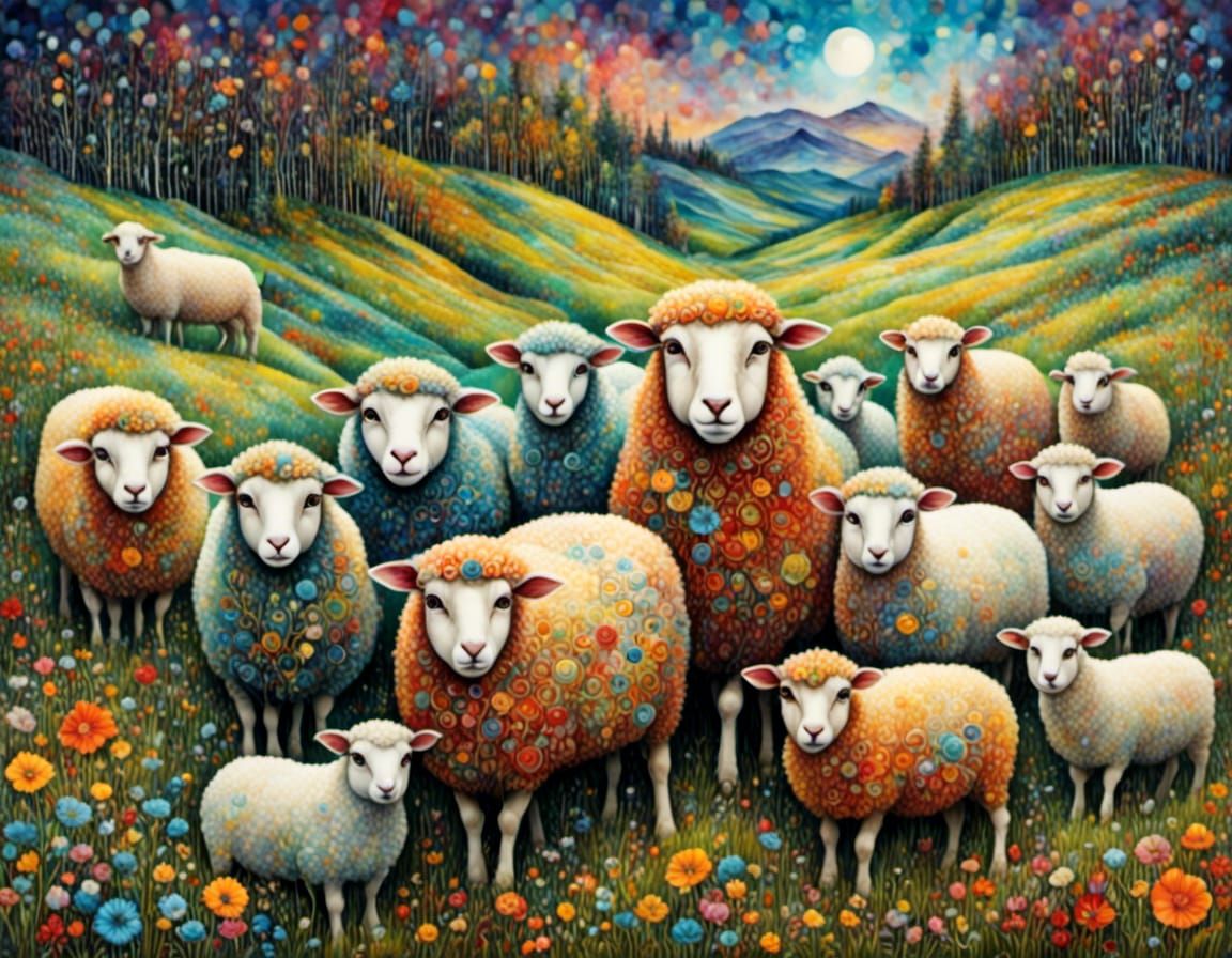 Floral Folklore Sheep on Dreamy Hillside