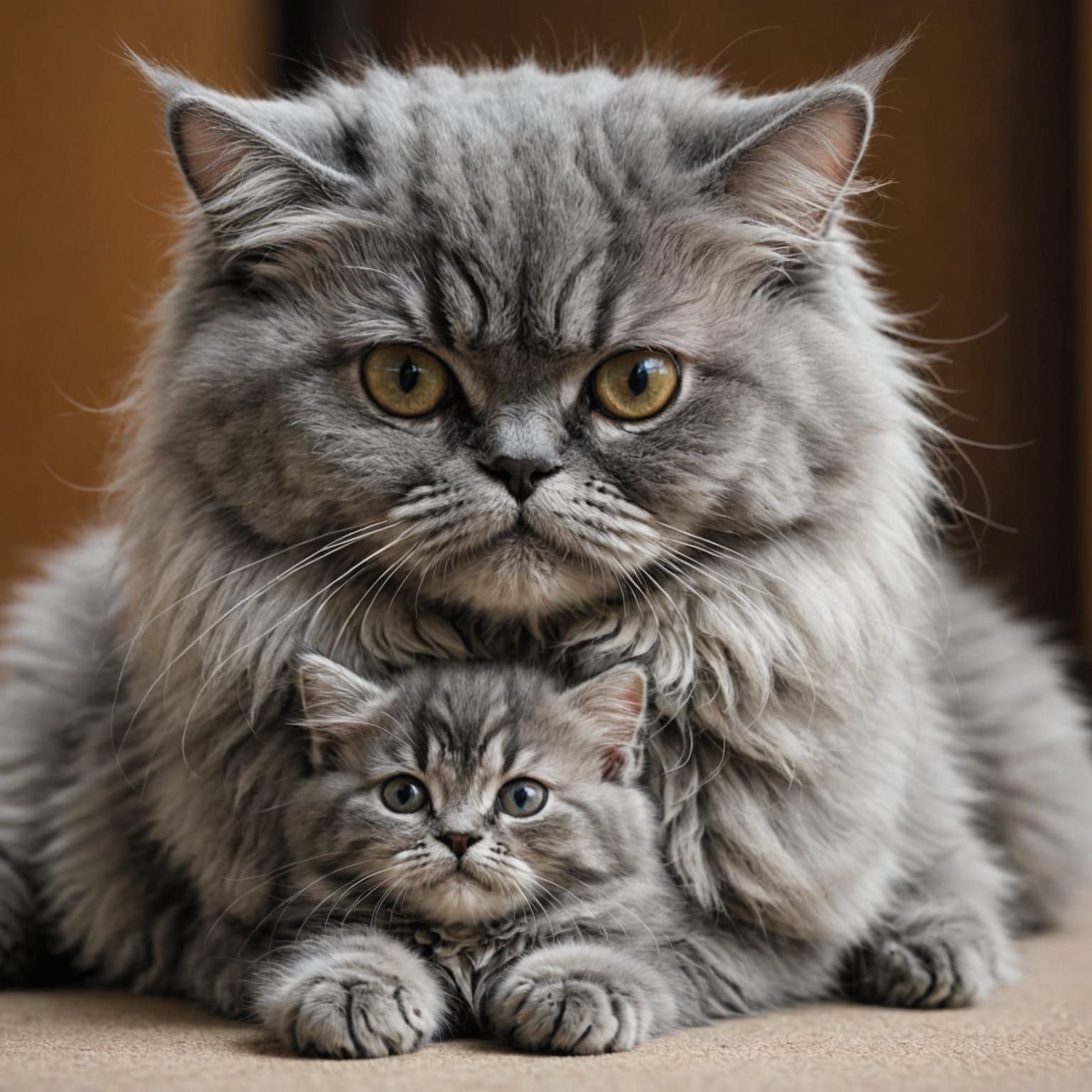 Gray Persian Cat Cuddles Adorable Kitten