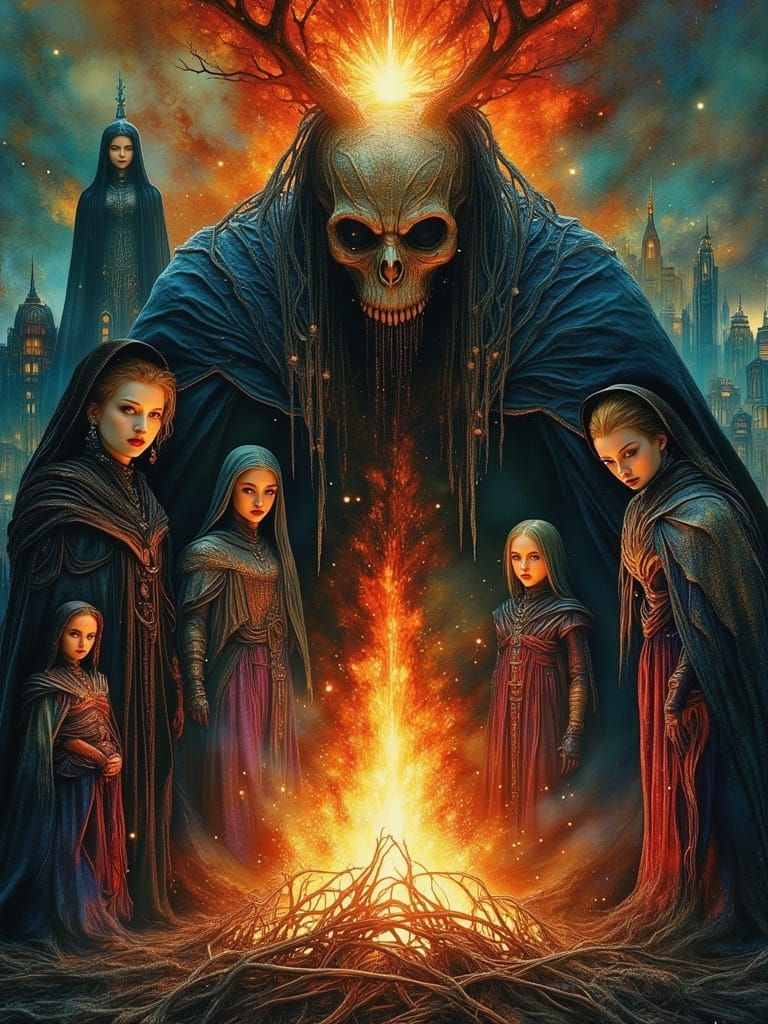 Mystical Coven of Witches Around Fire in Dark, Ethereal Styl...