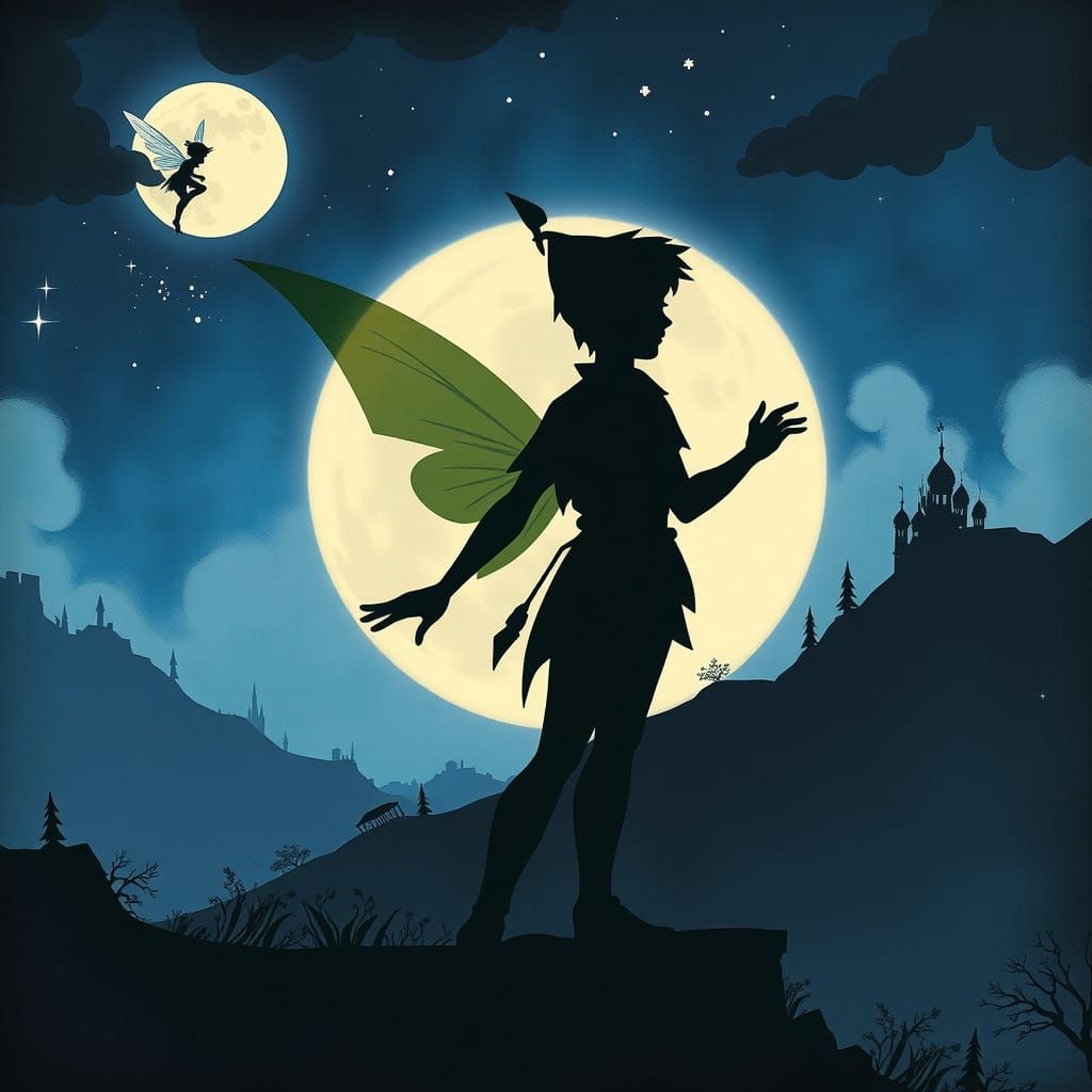 Whimsical Peter Pan Shadow Silhouette in Fantastical Neverla...