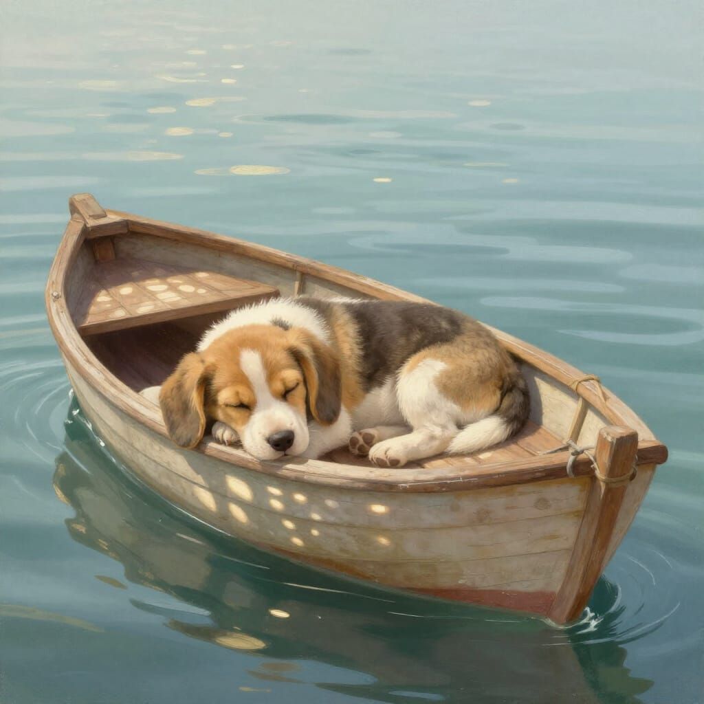 Sleeping Beagle Pup on Boat in Calm Ocean Waters