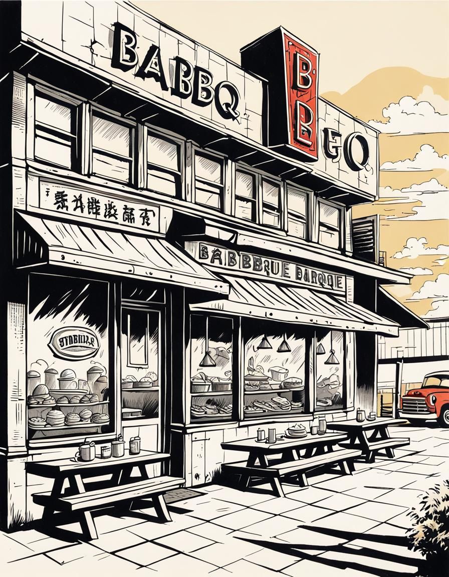 Retro Barbeque Restaurant in Comix Ink Style