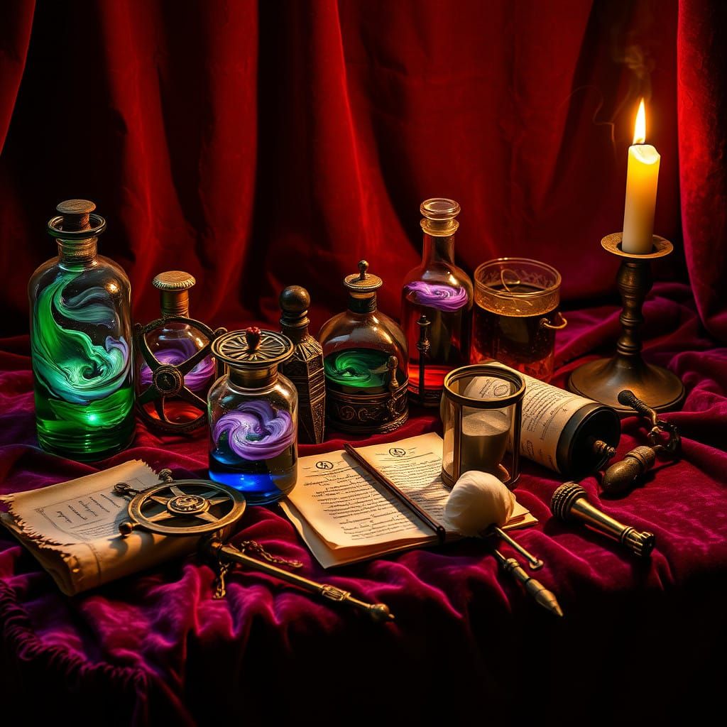 Baroque Wizard's Study with Magical Devices and Ancient Tool...
