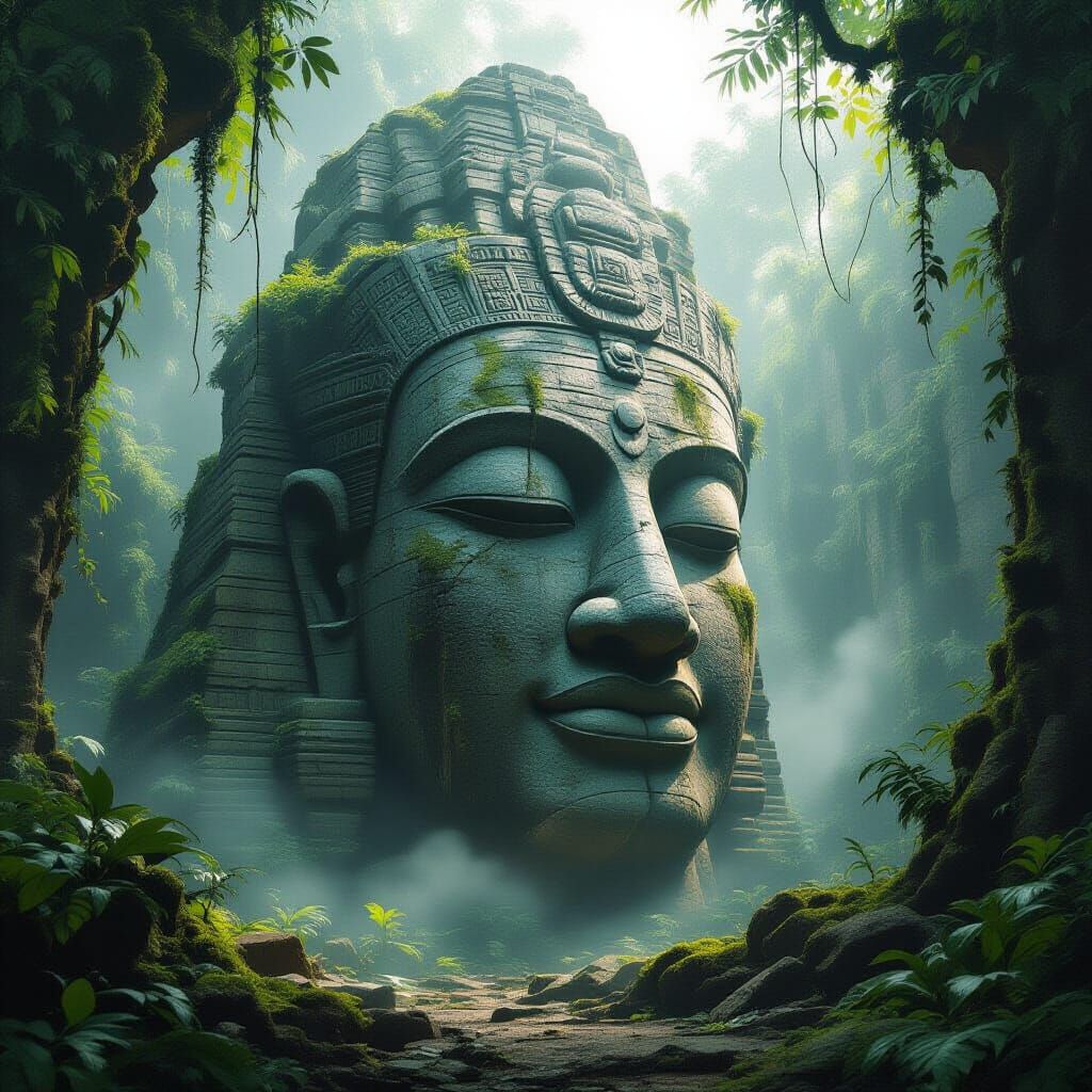 Ancient Stone Head in Misty Jungle Concept Art