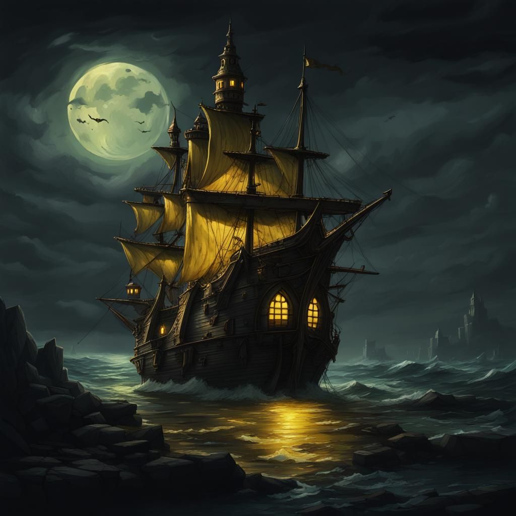 Eerie Moonlit Castle Galleon with Yellow Glow