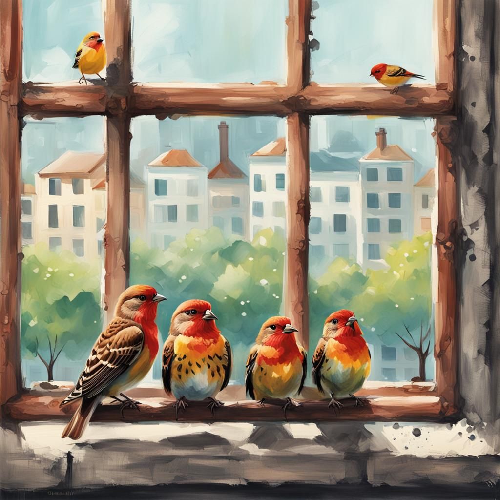 Three Little Birds on a Window Ledge