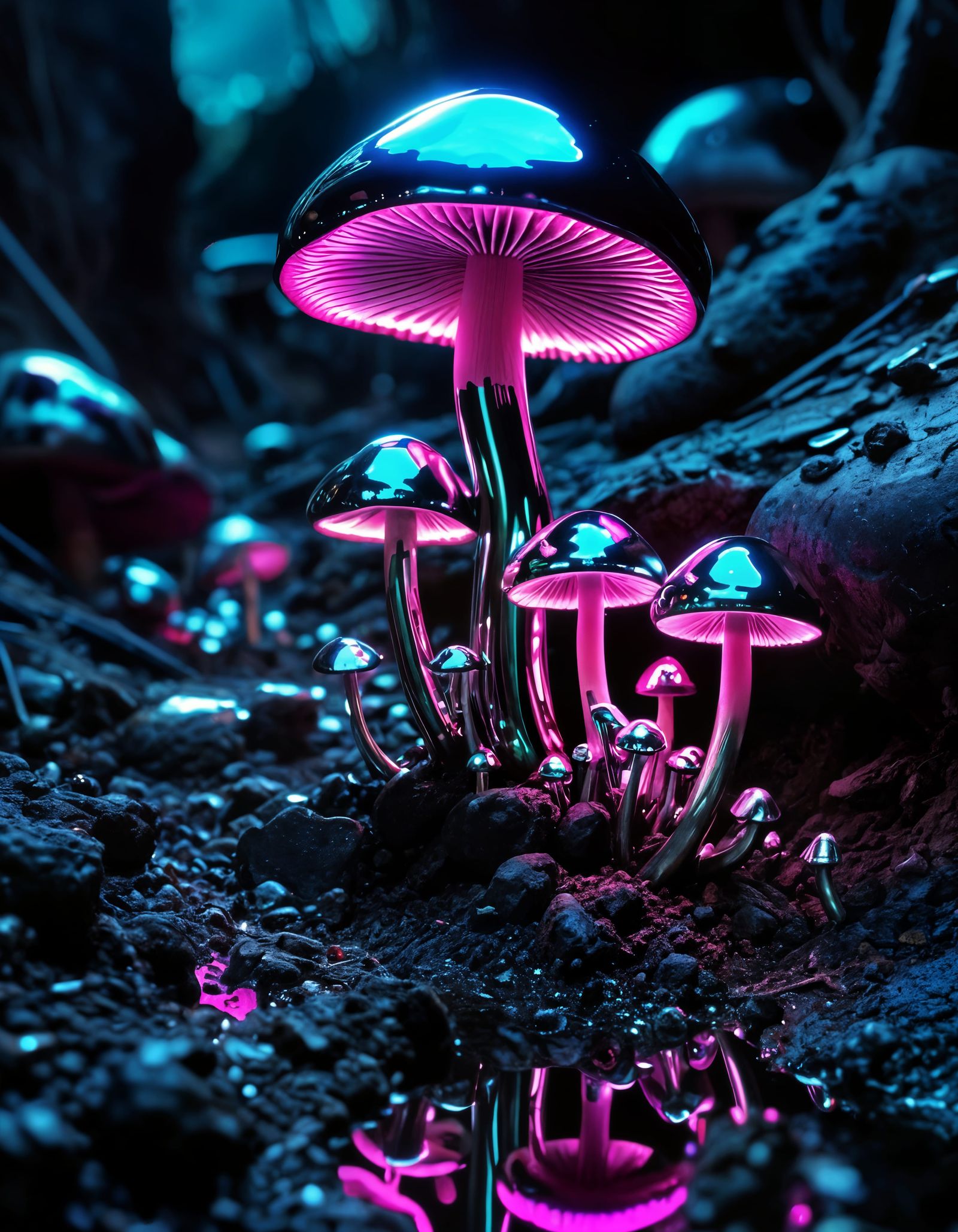 Retrofuturistic Mushrooms in Biomechanical Style